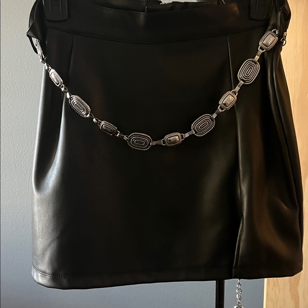 NWT Black Faux Leather Skirt with Silver Chain Detail Size M